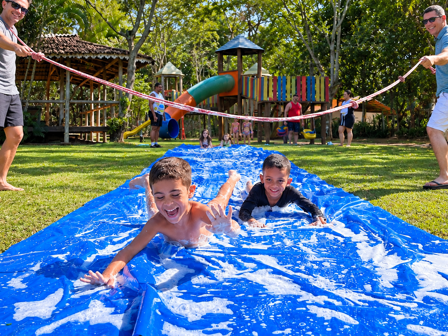 Crianças participando de uma atividade recreativa com água no Acquamarine Park Hotel, em Guarapari