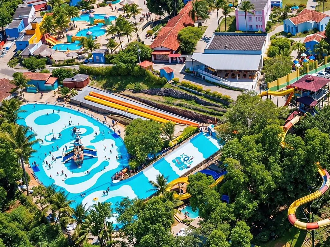 Parque aquático Acquamania visto de cima, ao lado do hotel