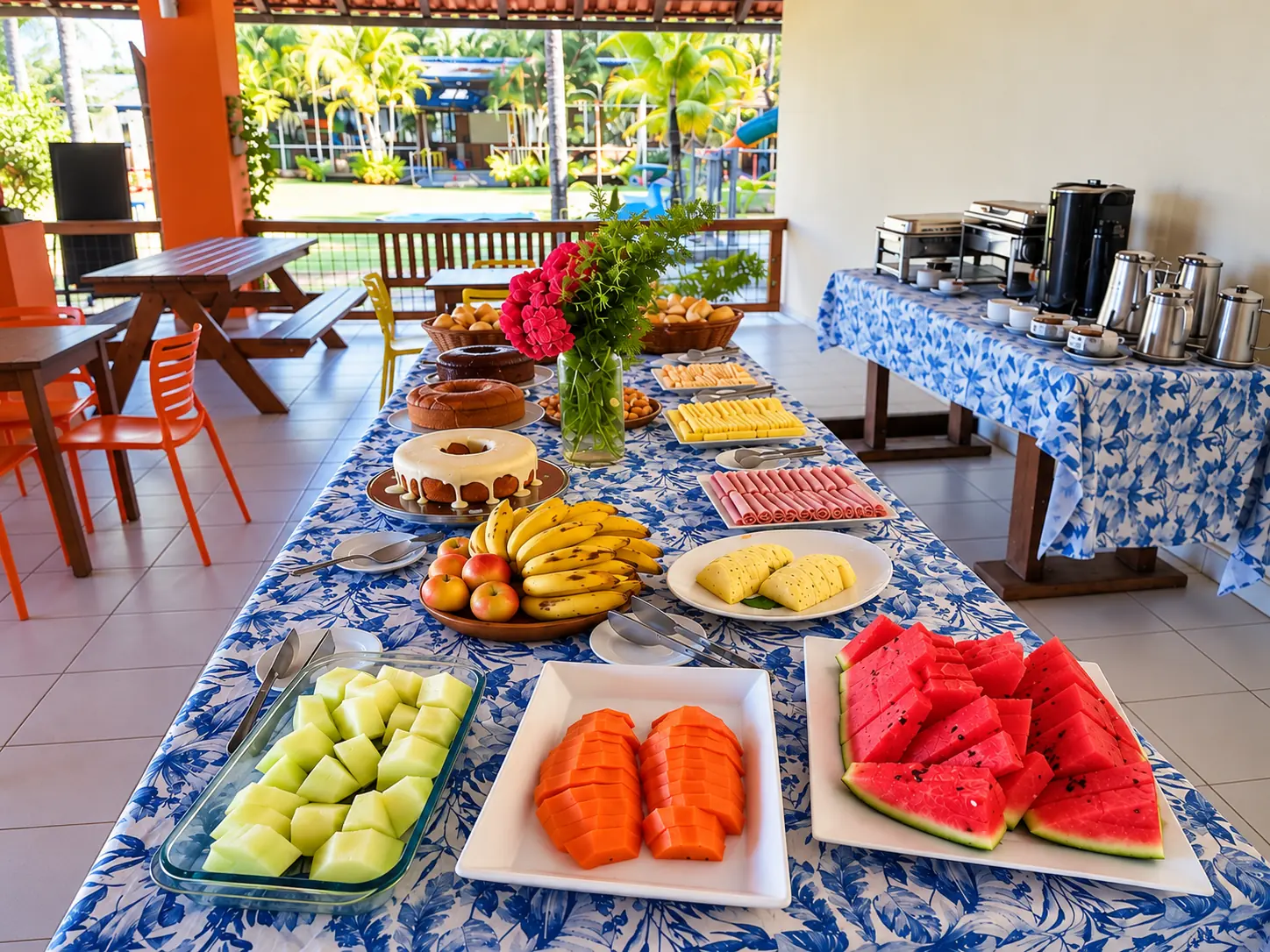 Buffet do café da manhã do Acquamarine Park Hotel com frutas, bolos, pães e frios, servido no restaurante aberto para a área de lazer