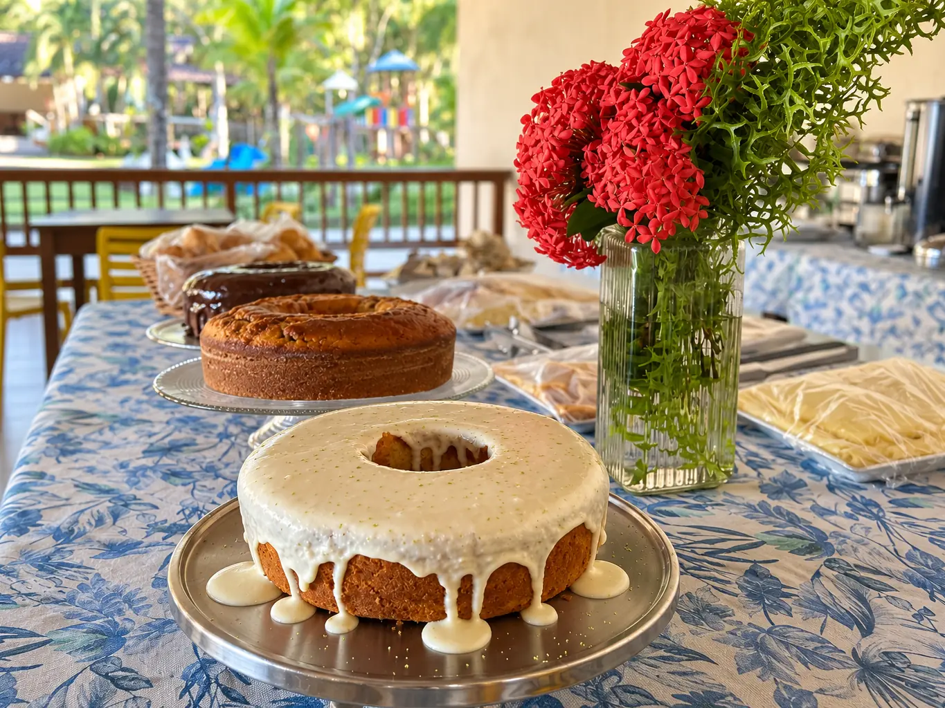 Mesa do café da manhã do Acquamarine Park Hotel com bolos, pães e flores